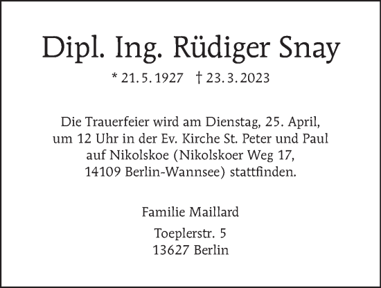 Traueranzeige von Rüdiger Snay von Tagesspiegel