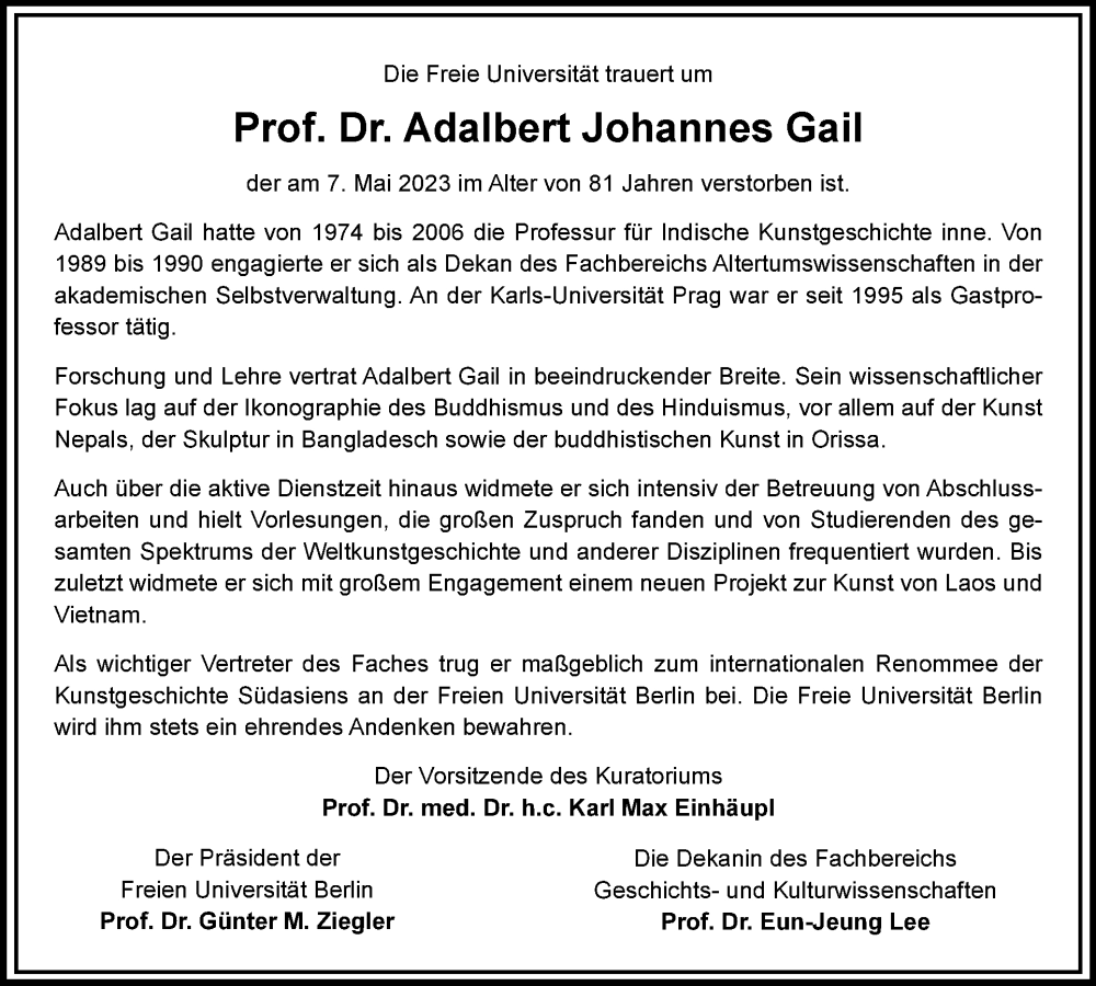  Traueranzeige für Adalbert Johannes Gail vom 21.05.2023 aus Tagesspiegel