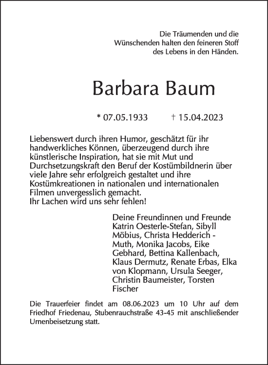 Traueranzeige von Barbara Baum von Tagesspiegel