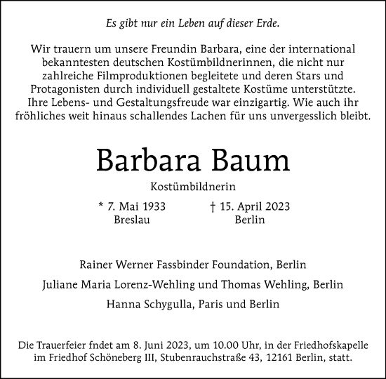 Traueranzeige von Barbara Baum von Tagesspiegel