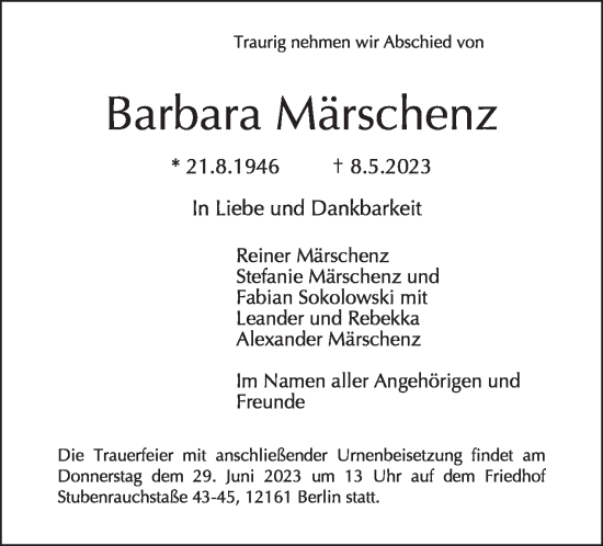 Traueranzeige von Barbara Märschenz von Tagesspiegel