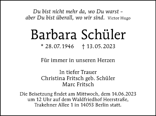 Traueranzeige von Barbara Schüler von Tagesspiegel