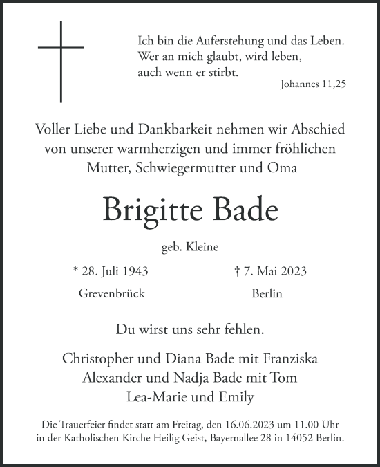 Traueranzeige von Brigitte Bade von Tagesspiegel