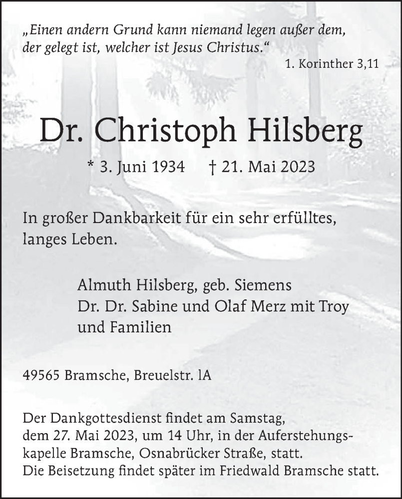  Traueranzeige für Christoph Hilsberg vom 26.05.2023 aus Tagesspiegel