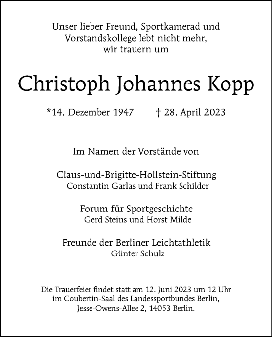 Traueranzeige von Christoph Johannes Kopp von Tagesspiegel