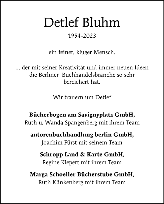 Traueranzeige von Detlef Bluhm von Tagesspiegel