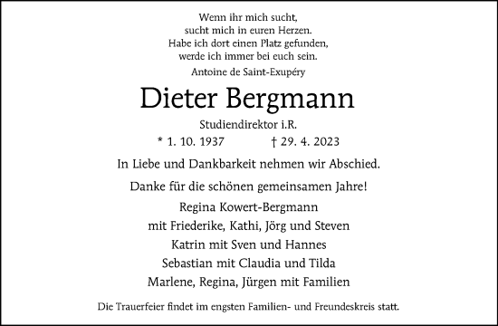 Traueranzeige von Dieter Bergmann von Tagesspiegel