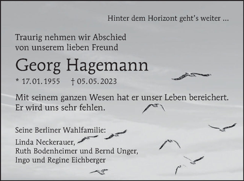  Traueranzeige für Georg Hagemann vom 14.05.2023 aus Tagesspiegel