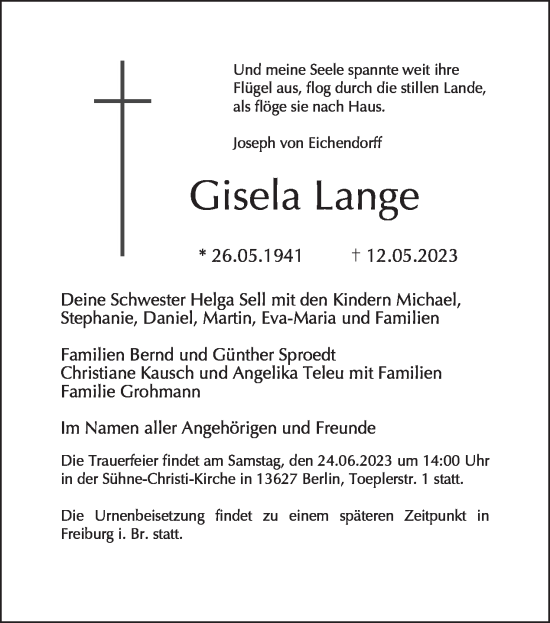 Traueranzeige von Gisela Lange von Tagesspiegel