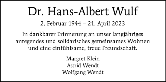 Traueranzeige von Hans-Albert Wulf von Tagesspiegel