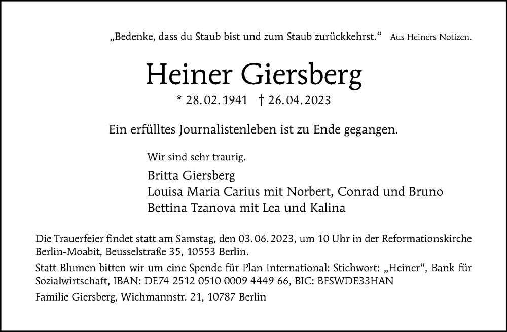  Traueranzeige für Heiner Giersberg vom 07.05.2023 aus Tagesspiegel