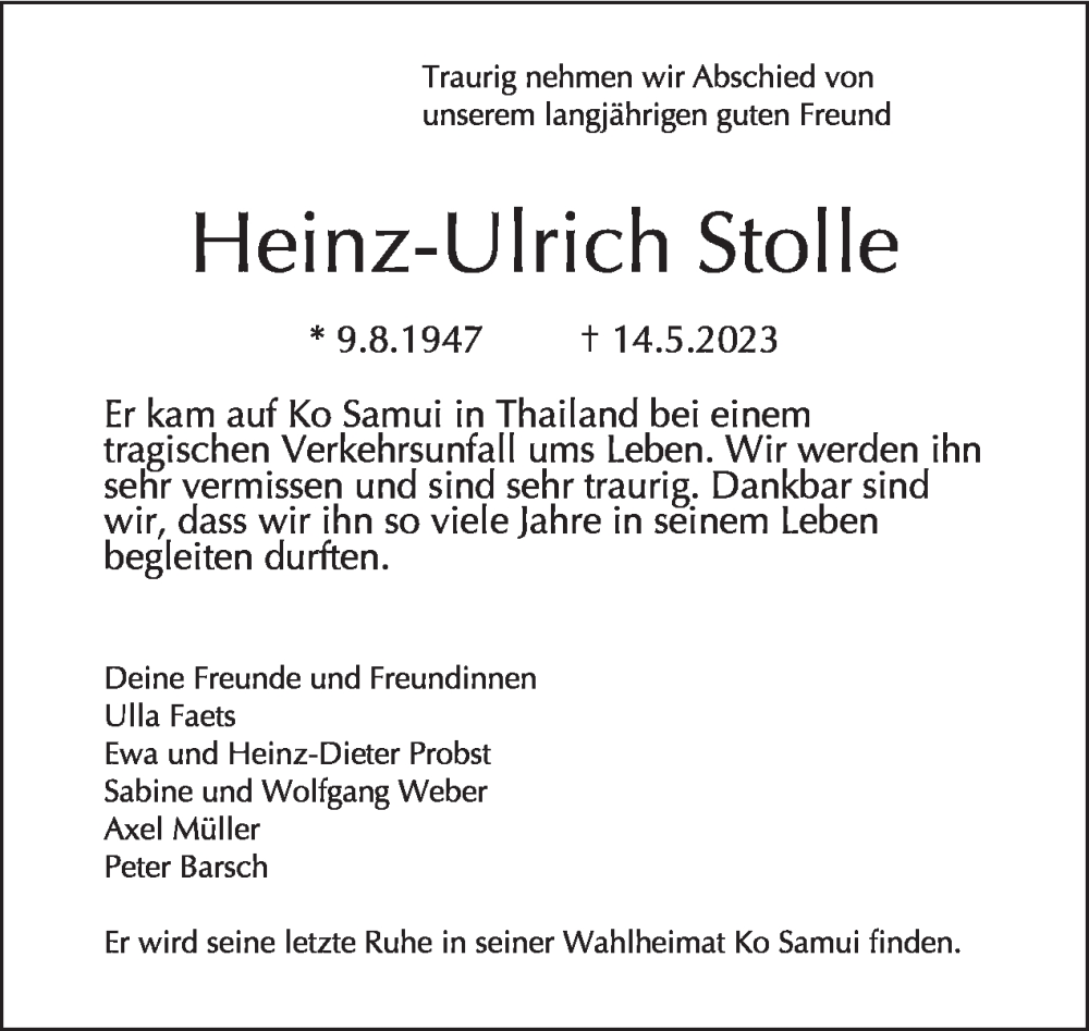  Traueranzeige für Heinz-Ulrich Stolle vom 21.05.2023 aus Tagesspiegel