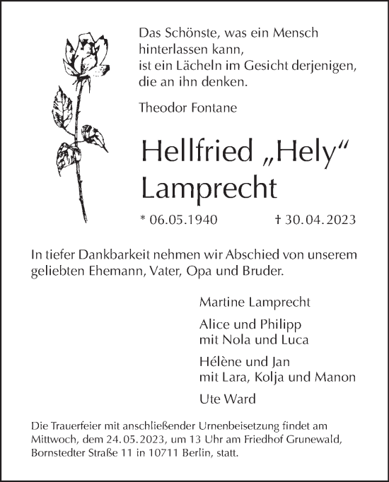 Traueranzeige von Hellfried Lamprecht von Tagesspiegel