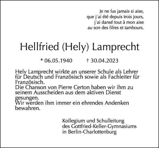 Traueranzeige von Hellfried Lamprecht von Tagesspiegel