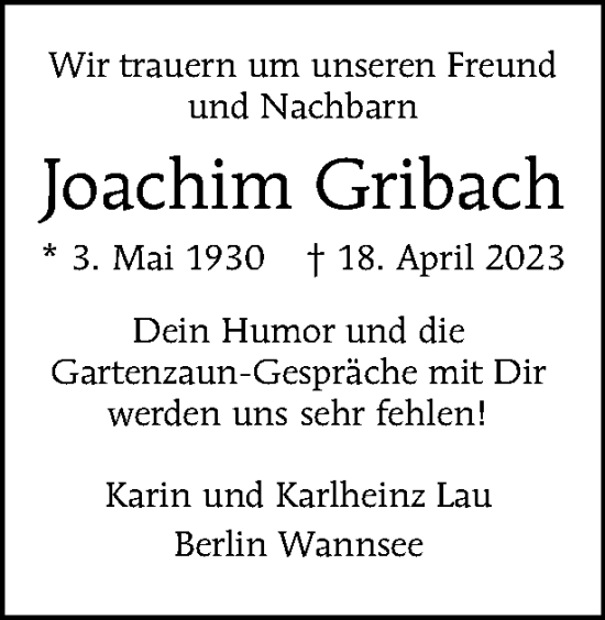 Traueranzeige von Joachim Gribach von Tagesspiegel