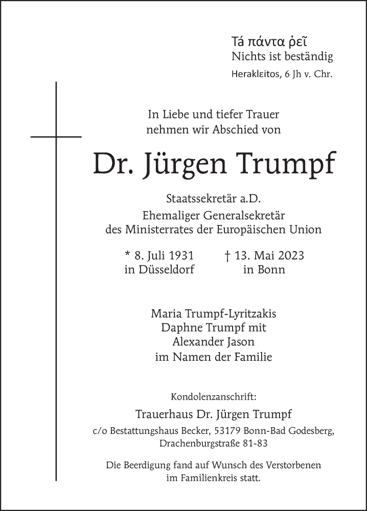  Traueranzeige für Jürgen Trumpf vom 21.05.2023 aus Tagesspiegel