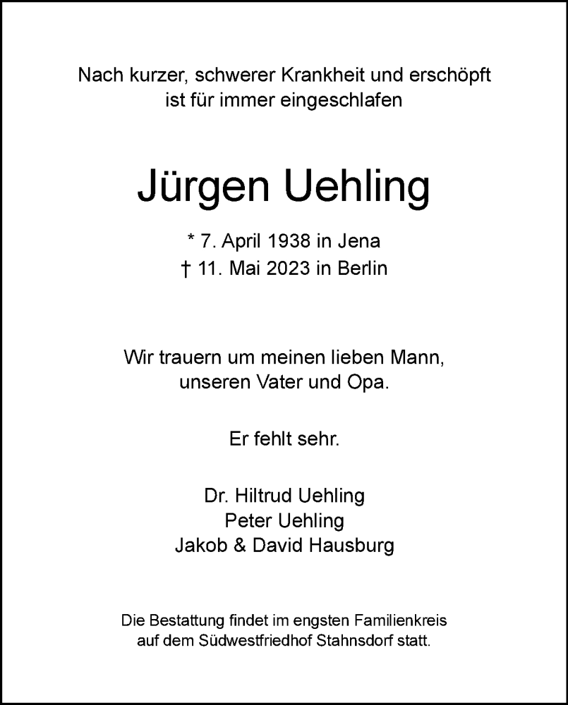  Traueranzeige für Jürgen Uehling vom 21.05.2023 aus Tagesspiegel