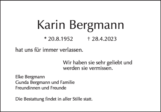 Traueranzeige von Karin Bergmann von Tagesspiegel