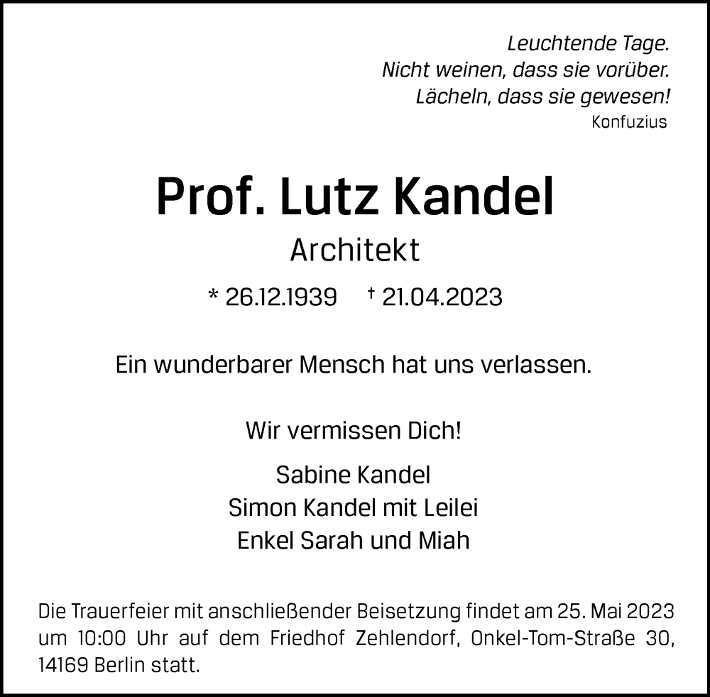  Traueranzeige für Lutz Kandel vom 14.05.2023 aus Tagesspiegel