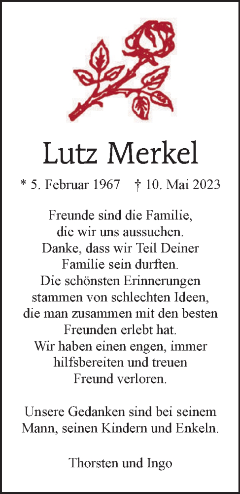  Traueranzeige für Lutz Merkel vom 14.05.2023 aus Tagesspiegel