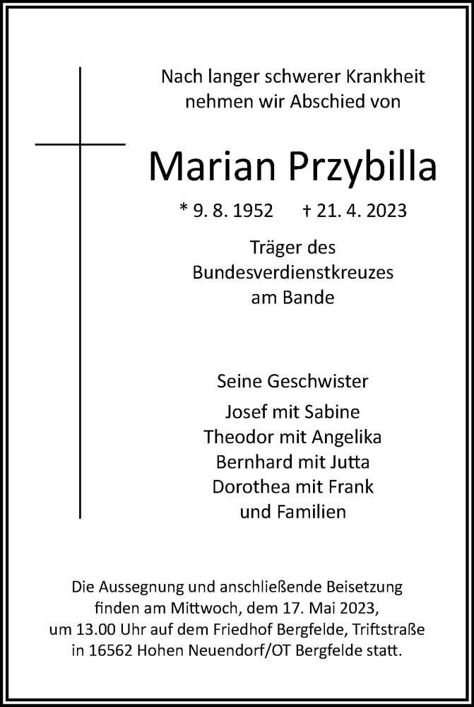  Traueranzeige für Marian Przybilla vom 07.05.2023 aus Tagesspiegel