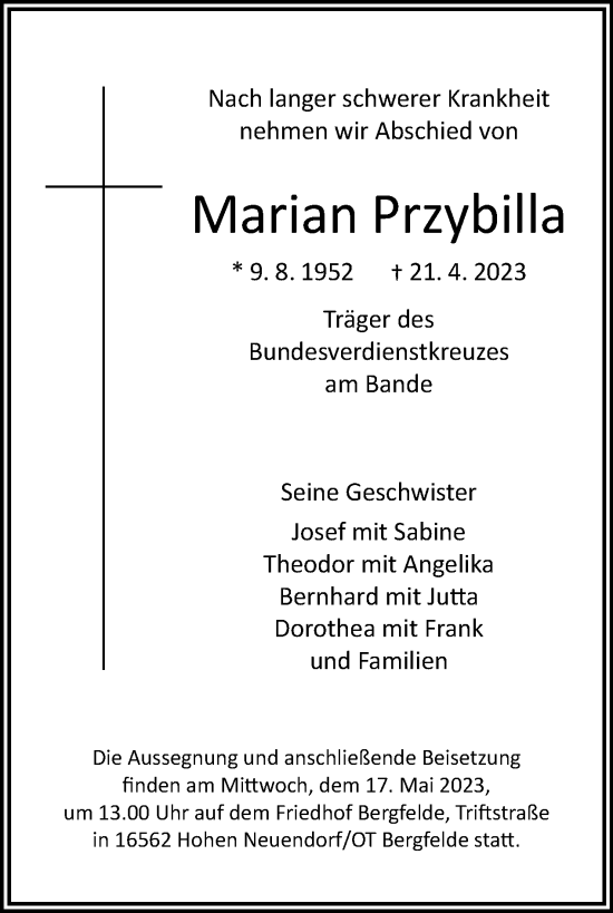 Traueranzeige von Marian Przybilla von Tagesspiegel