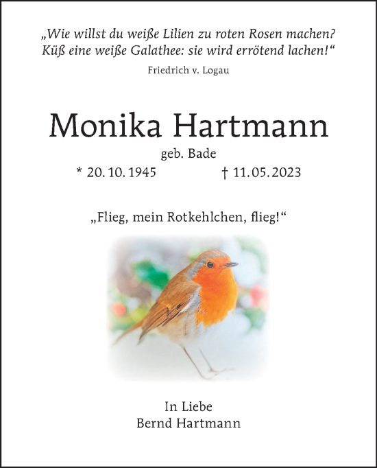 Traueranzeige von Monika Hartmann von Tagesspiegel