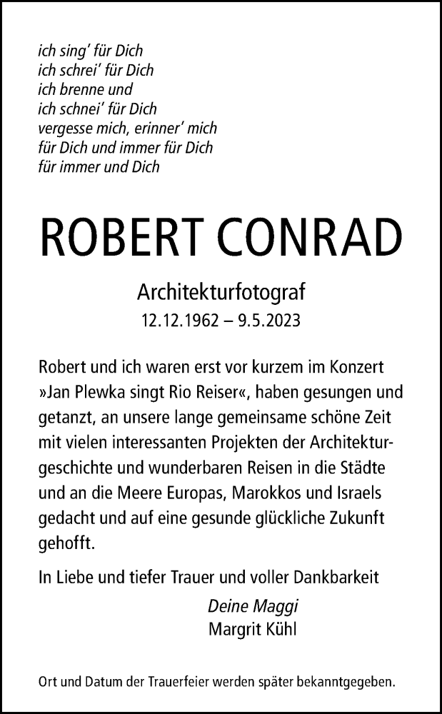  Traueranzeige für Robert Conrad vom 28.05.2023 aus Tagesspiegel