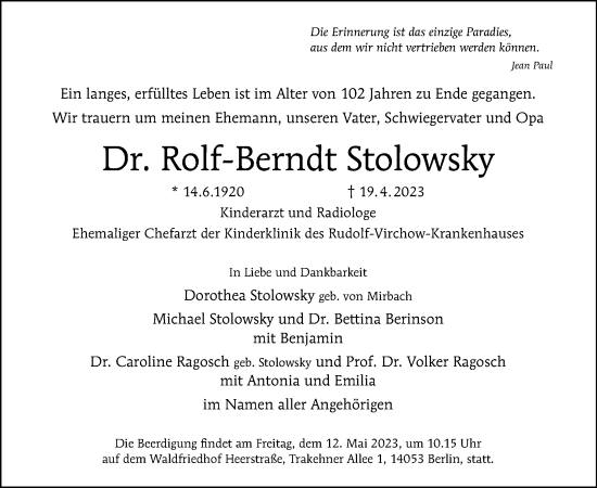 Traueranzeige von Rolf-Berndt Stolowsky von Tagesspiegel