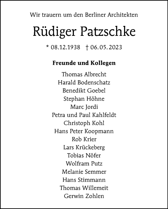 Traueranzeige von Rüdiger Patzschke von Tagesspiegel