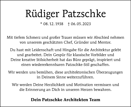 Traueranzeige von Rüdiger Patzschke von Tagesspiegel