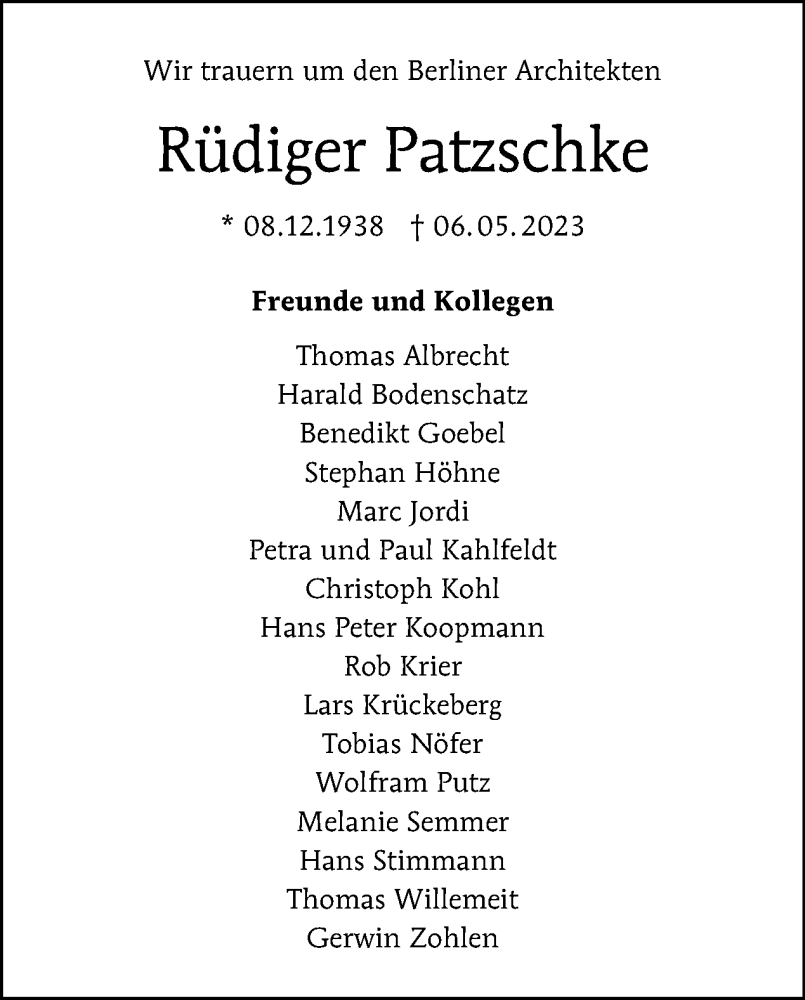  Traueranzeige für Rüdiger Patzschke vom 14.05.2023 aus Tagesspiegel