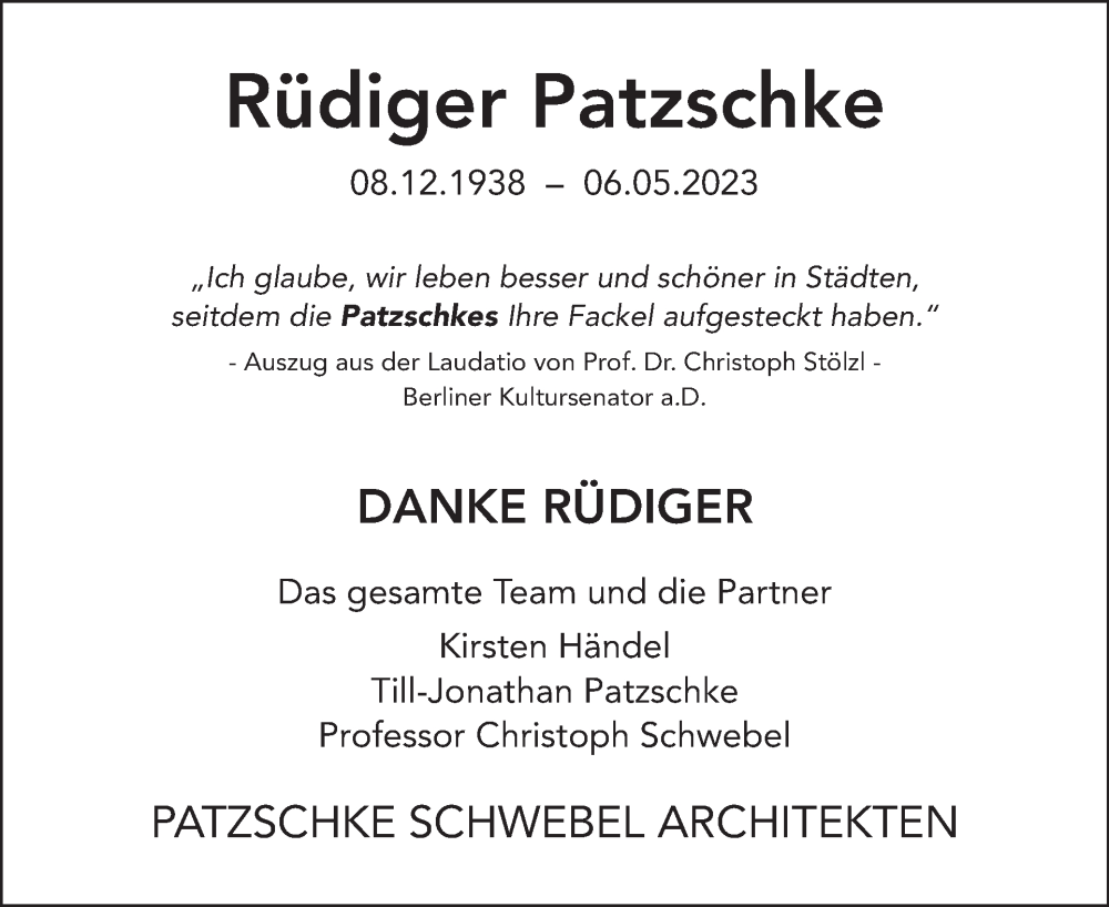  Traueranzeige für Rüdiger Patzschke vom 14.05.2023 aus Tagesspiegel