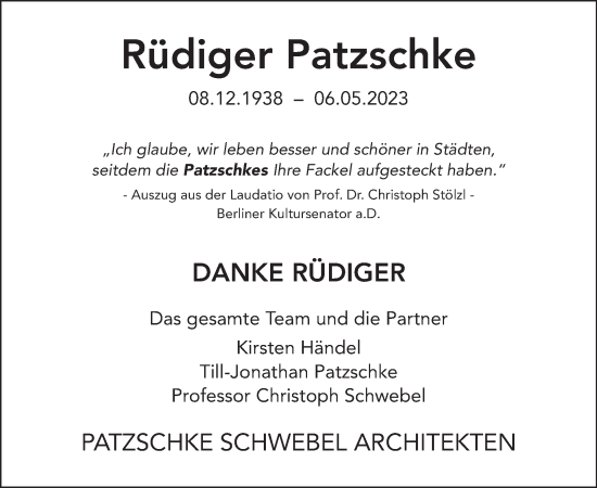 Traueranzeige von Rüdiger Patzschke von Tagesspiegel