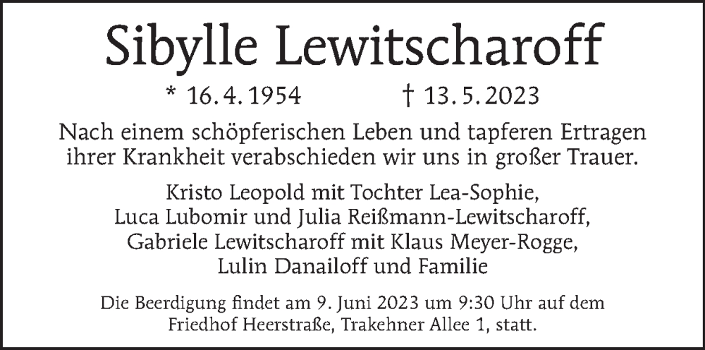  Traueranzeige für Sibylle Lewitscharoff vom 28.05.2023 aus Tagesspiegel
