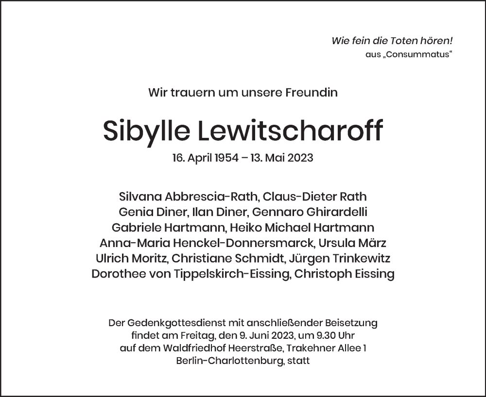  Traueranzeige für Sibylle Lewitscharoff vom 21.05.2023 aus Tagesspiegel
