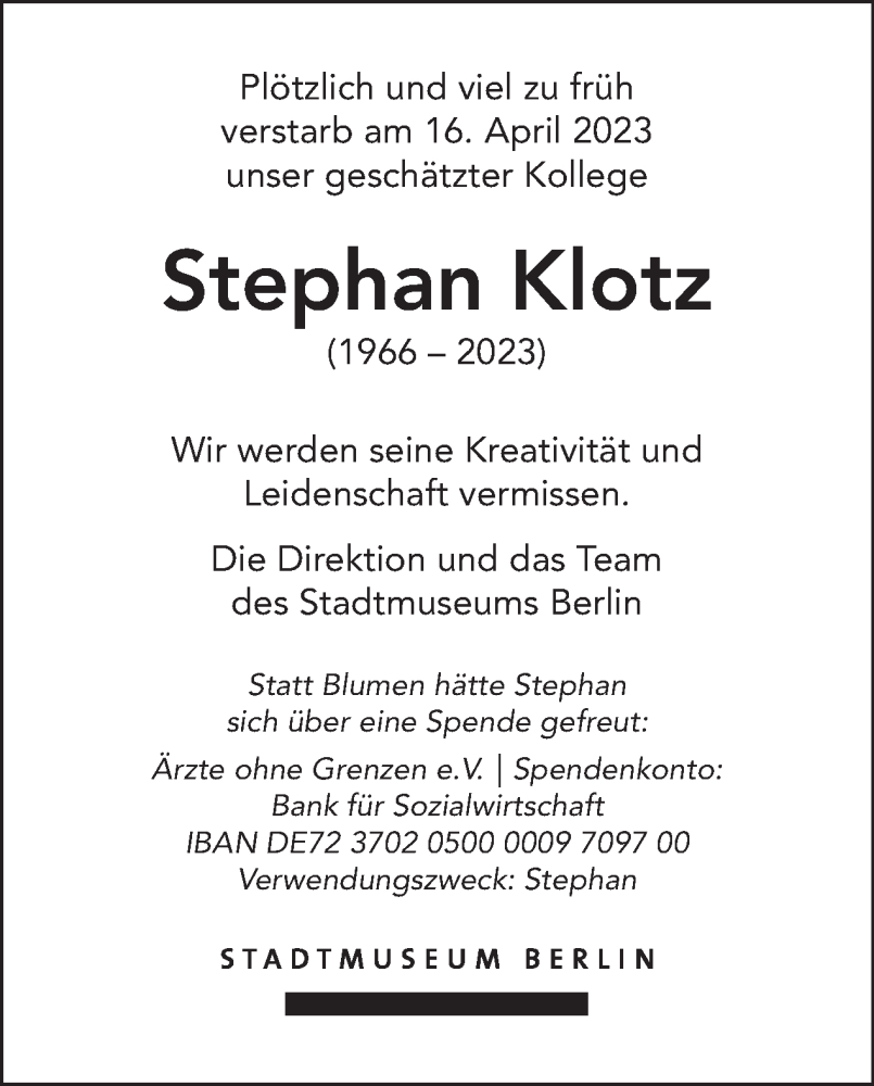  Traueranzeige für Stephan Klotz vom 30.04.2023 aus Tagesspiegel