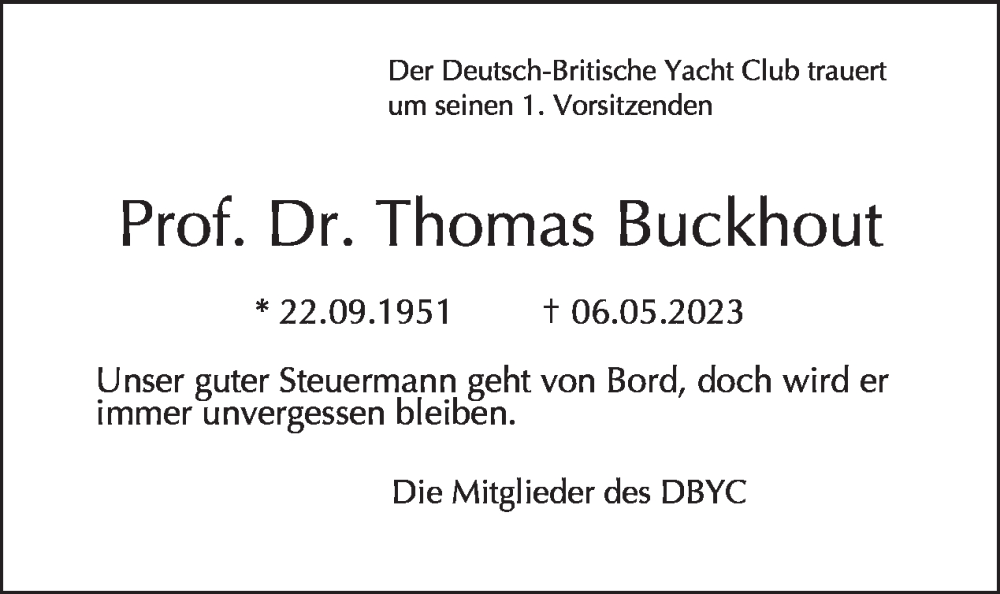  Traueranzeige für Thomas Buckhout vom 14.05.2023 aus Tagesspiegel