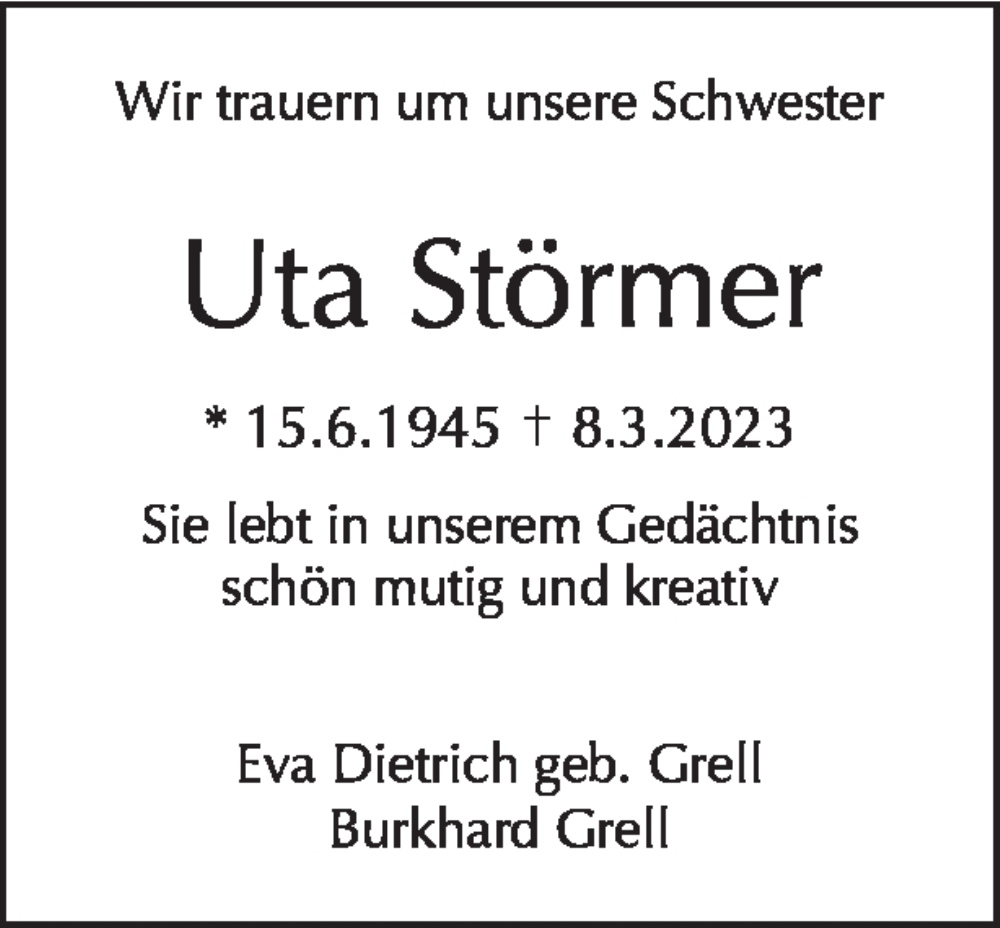  Traueranzeige für Uta Störmer vom 21.05.2023 aus Tagesspiegel