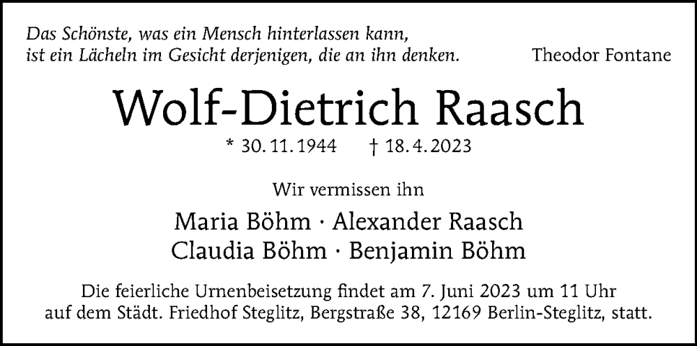  Traueranzeige für Wolf-Dietrich Raasch vom 14.05.2023 aus Tagesspiegel