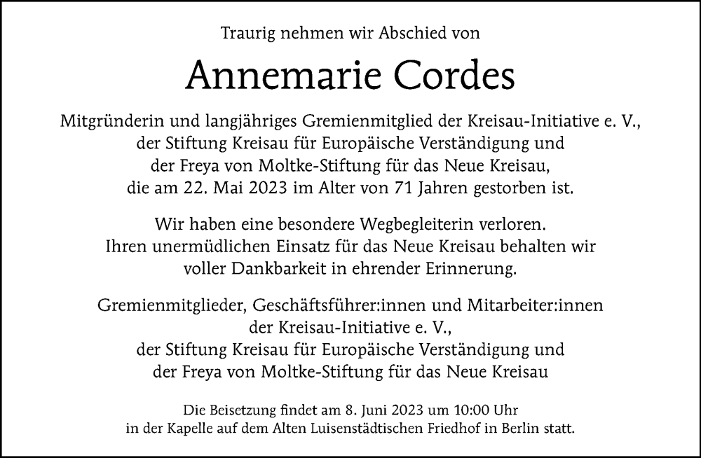  Traueranzeige für Annemarie Cordes vom 04.06.2023 aus Tagesspiegel