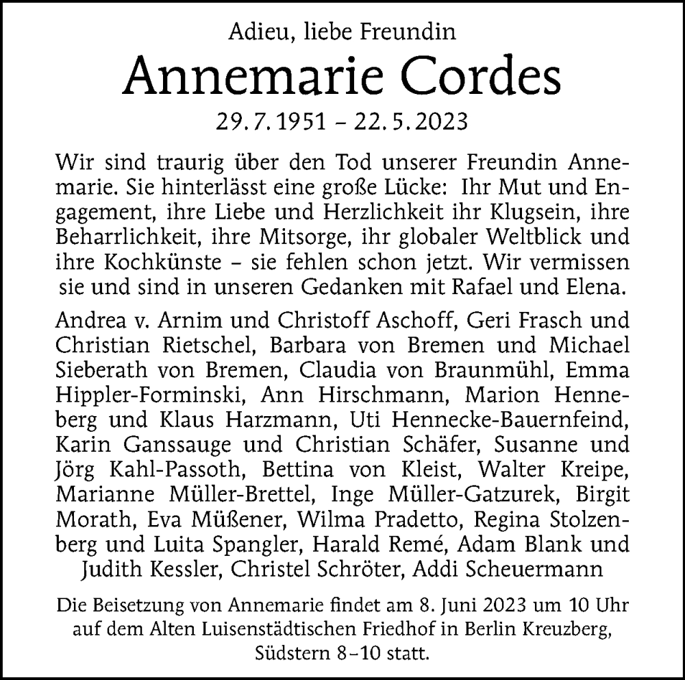 Traueranzeige für Annemarie Cordes vom 04.06.2023 aus Tagesspiegel