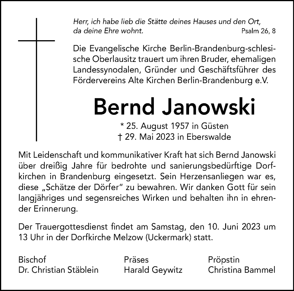  Traueranzeige für Bernd Janowski vom 08.06.2023 aus Tagesspiegel