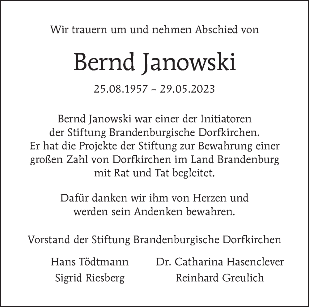  Traueranzeige für Bernd Janowski vom 11.06.2023 aus Tagesspiegel