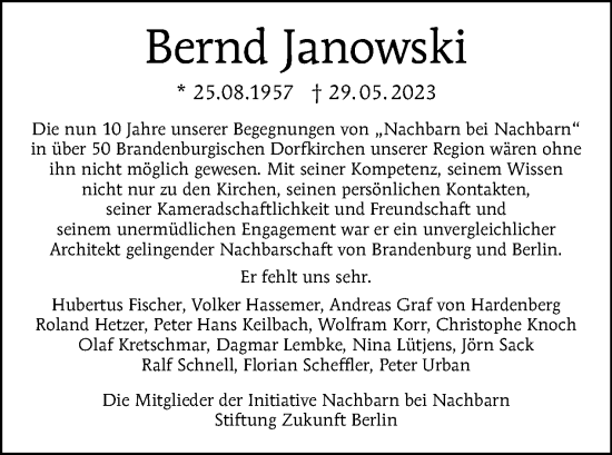 Traueranzeige von Bernd Janowski von Tagesspiegel