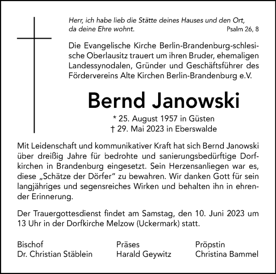 Traueranzeige von Bernd Janowski von Tagesspiegel