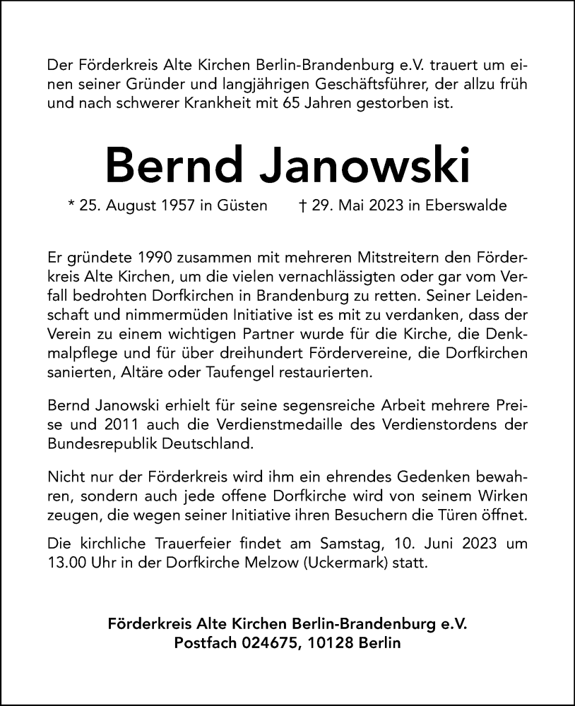  Traueranzeige für Bernd Janowski vom 04.06.2023 aus Tagesspiegel