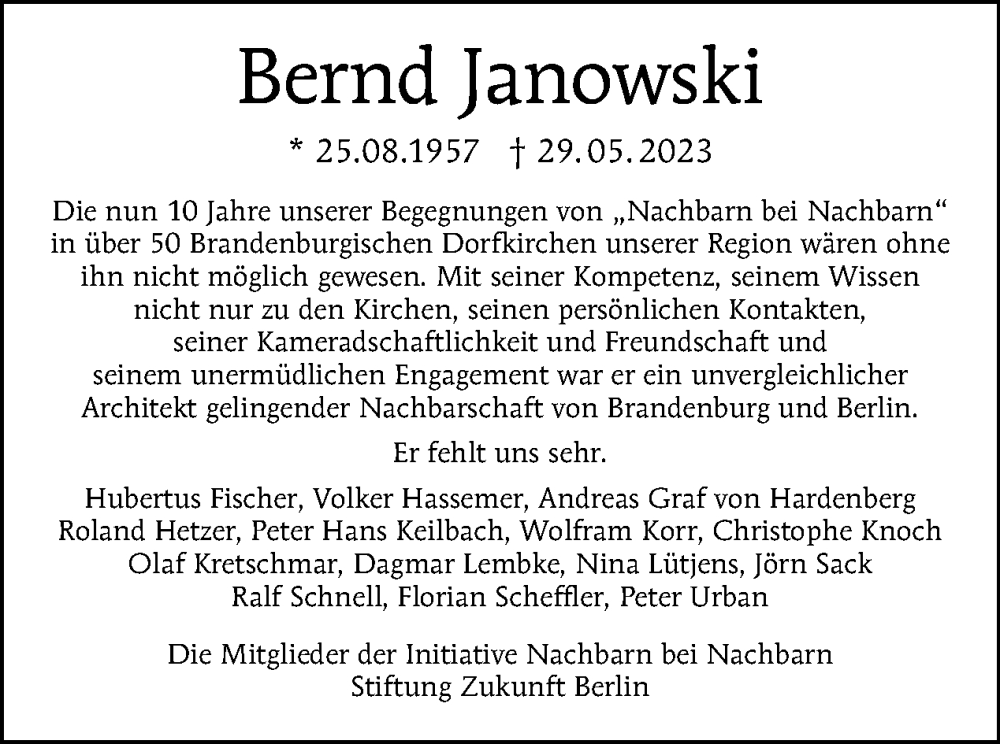  Traueranzeige für Bernd Janowski vom 18.06.2023 aus Tagesspiegel