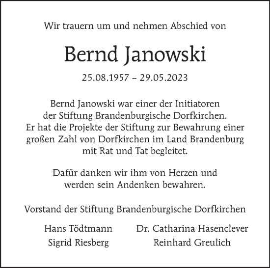 Traueranzeige von Bernd Janowski von Tagesspiegel