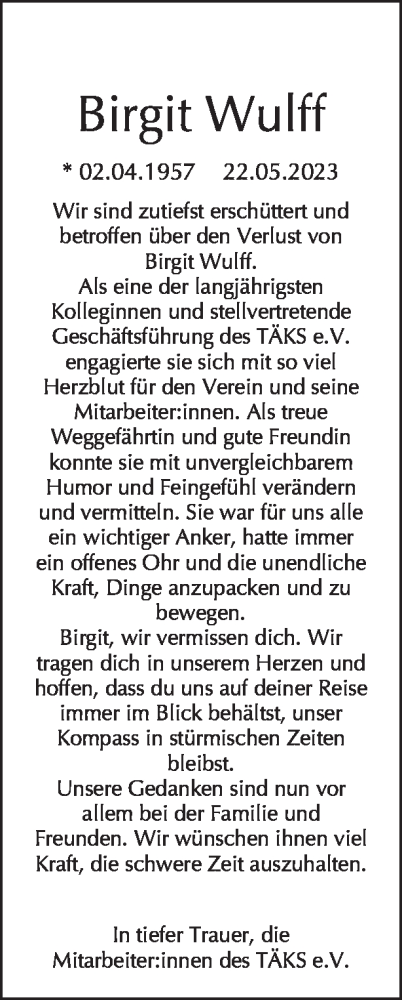  Traueranzeige für Birgit Wulff vom 04.06.2023 aus Tagesspiegel